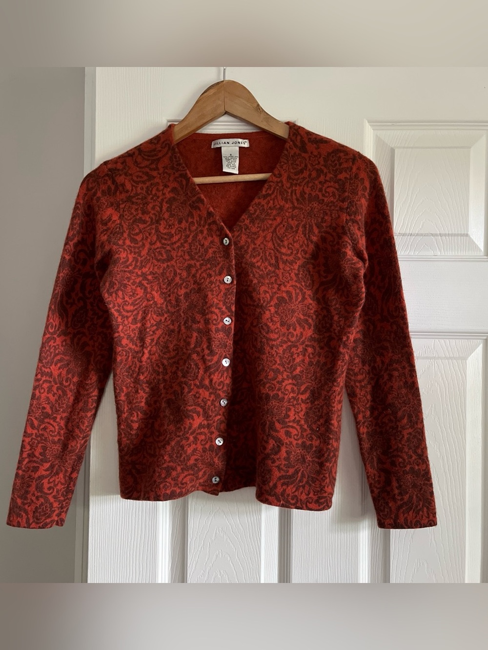 Jillian Jones Rust Red Brown Patterned wool Cardigan Sweater -